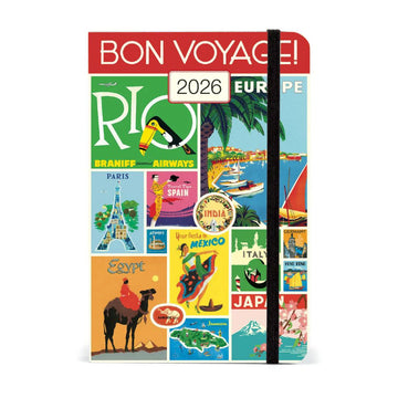 Multicolored travel-themed notebook with 'Bon Voyage!' and '2026 Europe' text on a white background.