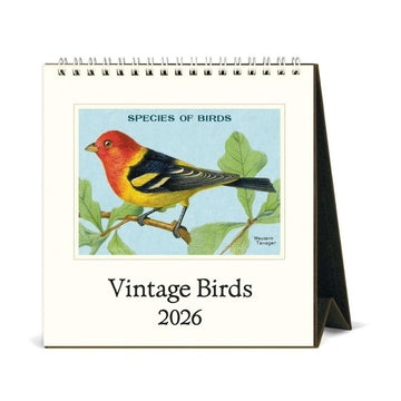 2026 vintage birds calendar with a colorful bird illustration on a white background.