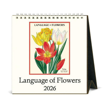 A desk calendar titled 'Language of Flowers 2026'with an illustration of tulips.