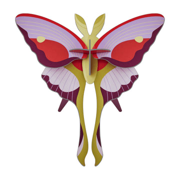 Colorful butterfly-shaped coloured cardboard model on a white background.