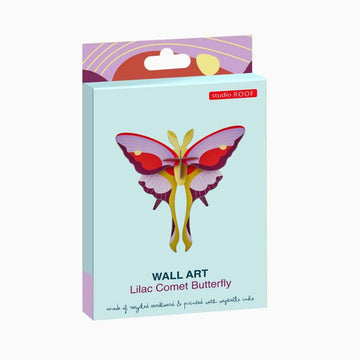 Colorful butterfly-shaped coloured cardboard model on a white background.