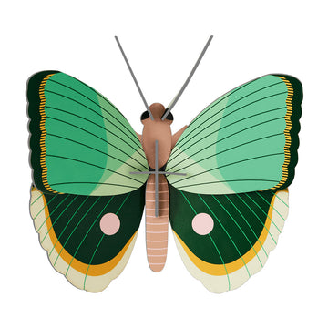 Butterfly-shaped carboard model with green and brown wings on a white background.
