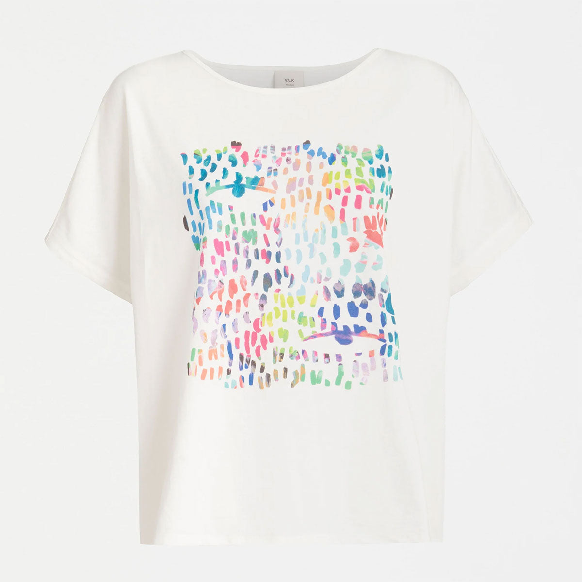 A women's white tshirt with a colourful print on the front.