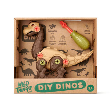 DIY dinosaur toy set in a cardboard box with 'Wild Things' branding.