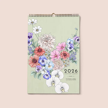 Floral design calendar for 2026 on a light green background.