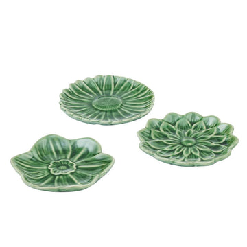 Three green dishes shaped like succulent plants.