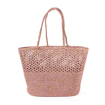 Pink woven handbag on a white background.