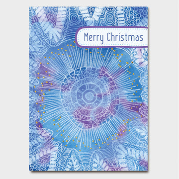 Christmas card pack with blue and purple artwork by Debbie Scott on a white background.