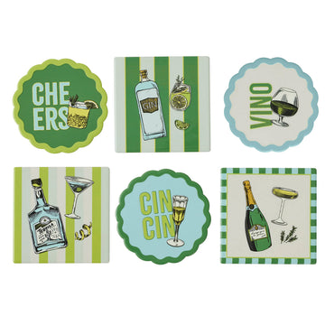 Six coasters each with a different drink illustration on them.