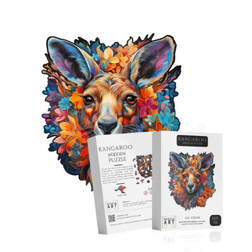 A colourful puzzle shaped like a kangaroo with its packaging boxes in front of the puzzle.