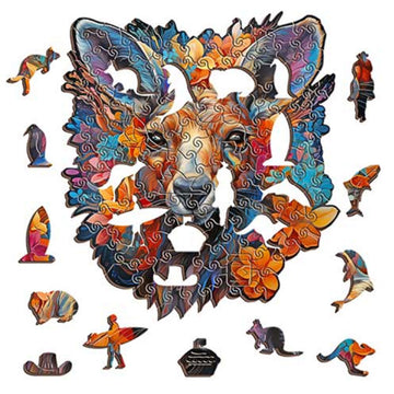 A colourful puzzle shaped like a kangaroo with its packaging boxes in front of the puzzle.