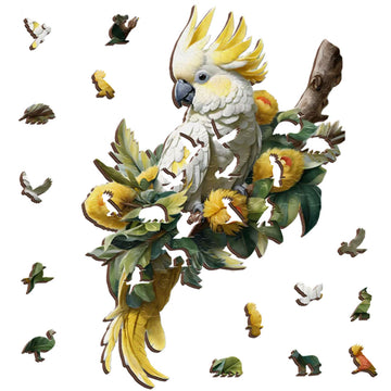 A picture of a sulphur cockatoo with yellow flowers and leaves next to it's packaging boxes.