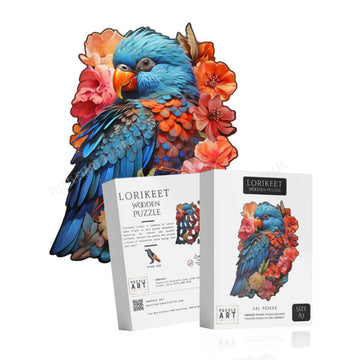 A puzzle shaped like a colourful lorikeet next to its packaging boxes.