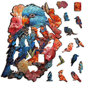 A puzzle shaped like a colourful lorikeet next to its packaging boxes.