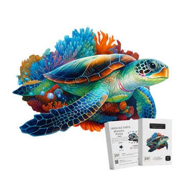 A picture of a turtle next to its packaging boxes.