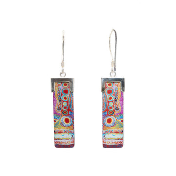 A pair of rectangle shaped drop earrings printed with artwork by Murdie Morris.