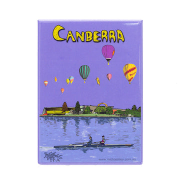 A rectangle magnet illustrated with hot air balloons over the National Museum and Lake Burley Griffin in Canberra.
