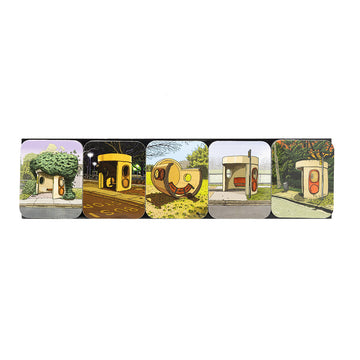 A set of five magnets each featuring a different Canberra bus shelter illustrated by Trevor Dickinson.