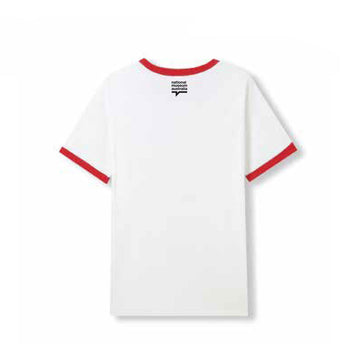 Front view of a white tshirt with red trim around the collar and sleeves. There is an illustration of Mr Squiggle in the middle.