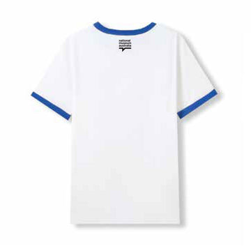 Front view of a white tshirt with blue trim around the sleeves and collar. There is an illustration of Mr Squiggle sitting on the moon.