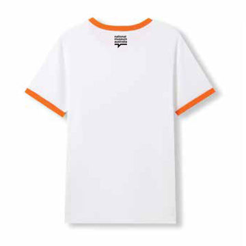 Front view of a white tshirt with orange trim around the collar and sleeves. There is an illustration of Mr Squiggle in the middle.