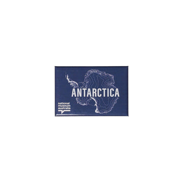 Magnet with map of Antarctica and 'Antarctica' text and National Museum Australia logo on a blue background