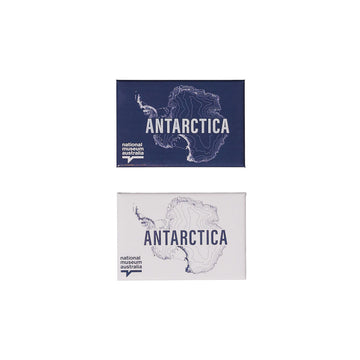 Magnet with map of Antarctica and 'Antarctica' text and 'National Museum Australia' logo on a white background