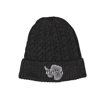 Black knit beanie with Antarctica logo on a white background