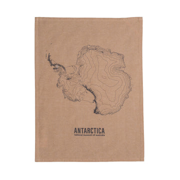 Brown tea towel with a map of Antarctica and 'ANTARCTICA' text on a white background