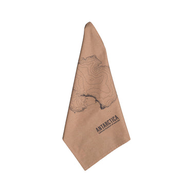 Brown tea towel with a map of Antarctica and 'ANTARCTICA' text on a white background