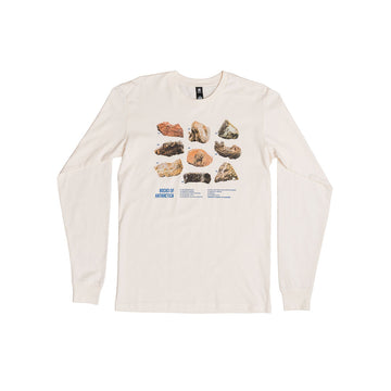 Beige long-sleeve shirt with rock graphic on a white background.