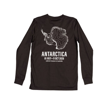Black long-sleeve shirt with a logo on the chest against a white background.