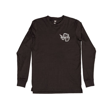 Black long-sleeve shirt with a logo on the chest against a white background.