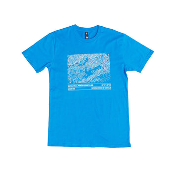 Blue t-shirt with white graphic design on a white background.