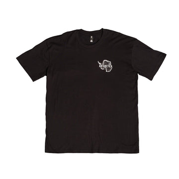 Black t-shirt with an Antarctica logo on a white background.