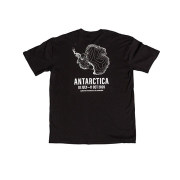 Black t-shirt with an Antarctica logo on a white background.