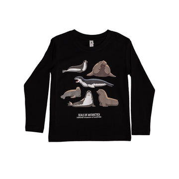 Black long-sleeve shirt with illustrations of seals of Antarctica on a white background.