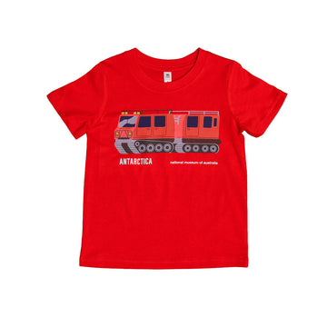 Red t-shirt with a graphic of a tracked vehicle and 'Antarctica' text on a white background.