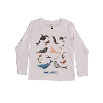 Children's long-sleeve shirt with Antarctic animals illustration on a light gray background.