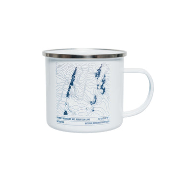 White mug with blue topographic design on a white background.