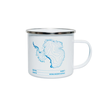 White mug with blue map design on a white background.