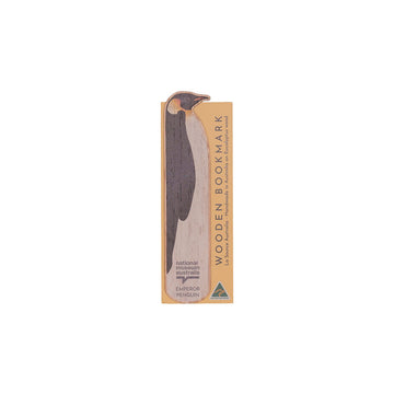 Wooden bookmark shaped like a penguin with packaging on a white background.