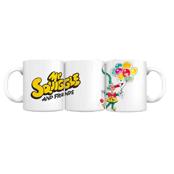 Mug with 'Mr. Squiggle and Friends' logo and character design of Mr Squiggle holding balloons. The mug is shown three times with different angles.