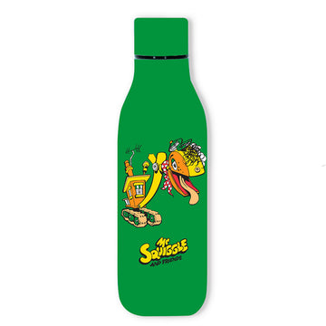 Green bottle with cartoon character design of Bill Steamshovel on a white background.