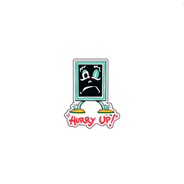 A magnet shaped like Blackboard from Mr Squiggle with the text 'Hurry Up!'.