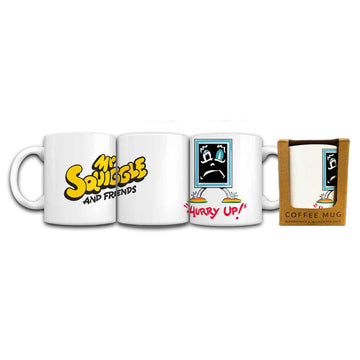 Three coffee mugs showing different angles with an illustration of Blackboard from Mr Squiggle. There is one more mug in a packaging box.