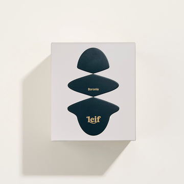 Front view of an orange glass candle with the text 'Boronia Bougie Parfumee 280g' and the Leif logo.