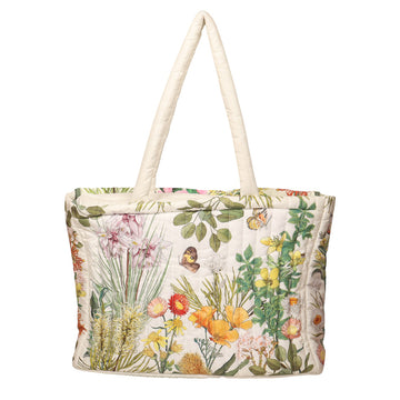 Tote bag with floral and butterfly design on a white background.