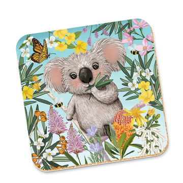 Coaster with a koala and floral design on a blue background.