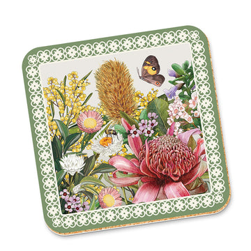 Decorative coaster with a floral design featuring various flowers and a butterfly on a white background.